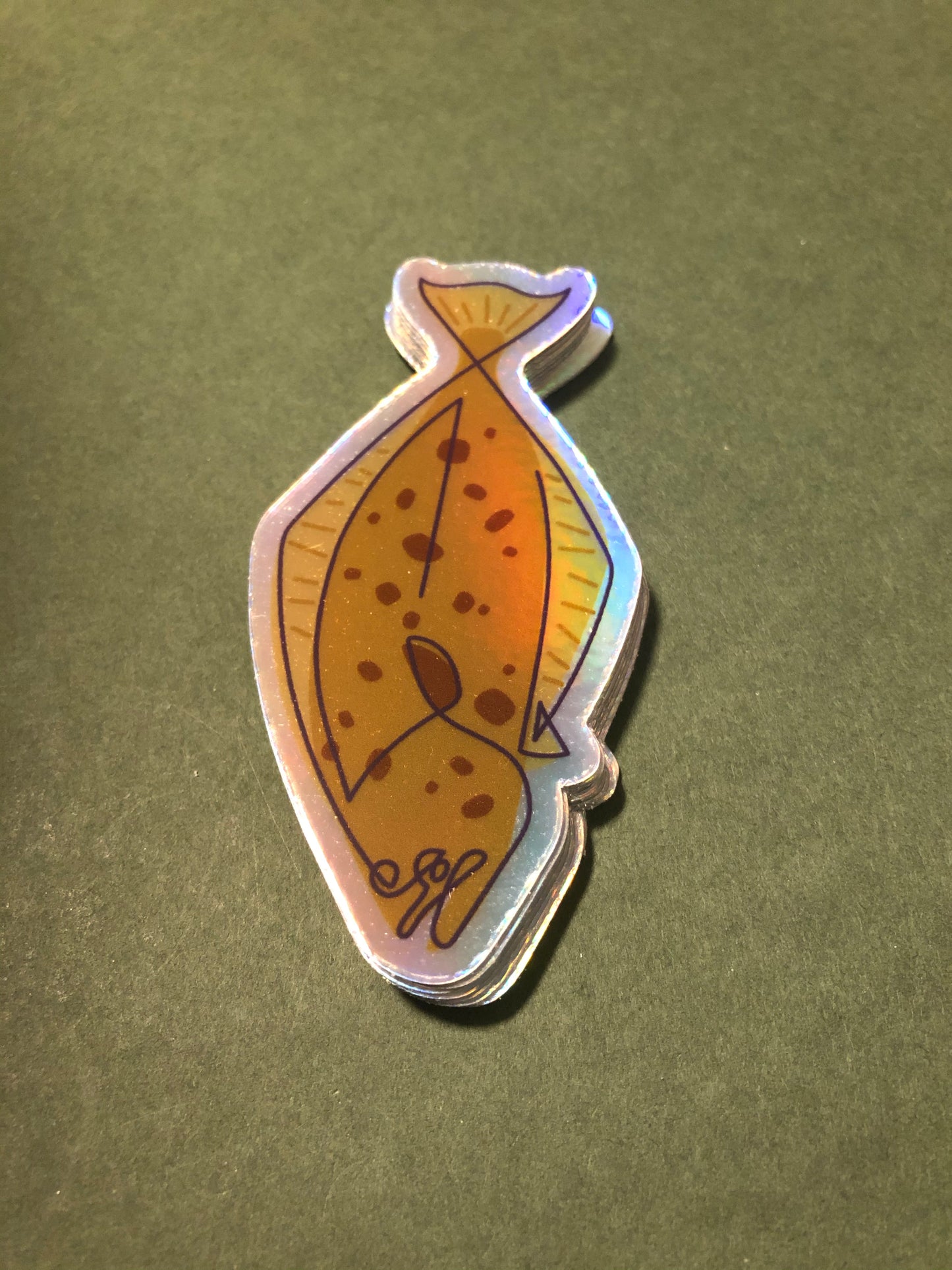 Thunderbird Outdoor SupplyHalibut - Holographic DecalHalibut - Holographic Decal
Drawn, Single Line Contour Illustration of a Halibut.
3" Weatherproof holographic decals perfect for your Rod tube, water bottle, tackle box, car window or whatever