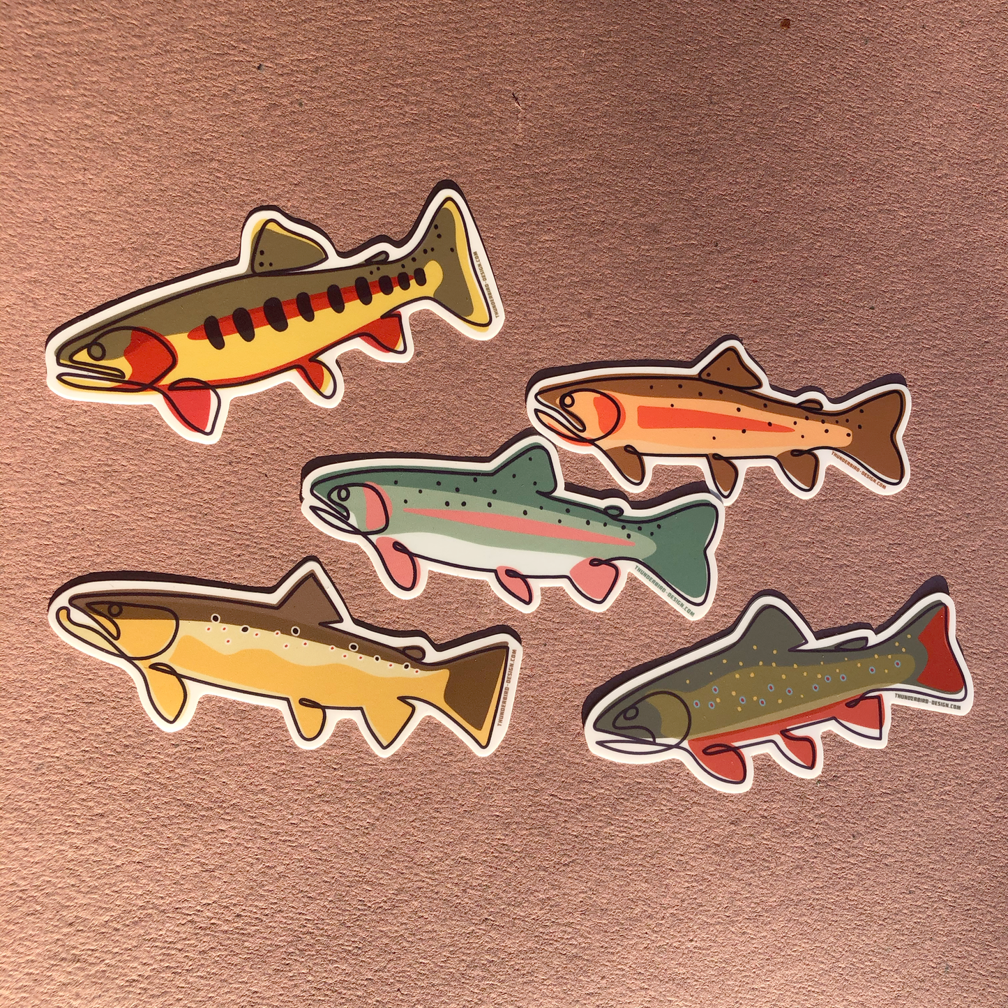 Thunderbird Outdoor SupplyTrout Grand Slam Decal Pack - Matte 4" DecalsTrout Grand Slam Decal Pack - Matte 4" Decals
Drawn, Single Line Contour Illustration of a Golden, Cutthroat, Rainbow, Brown and Brook Trout.These weatherproof Matte decals are perfect for your Rod tube, water