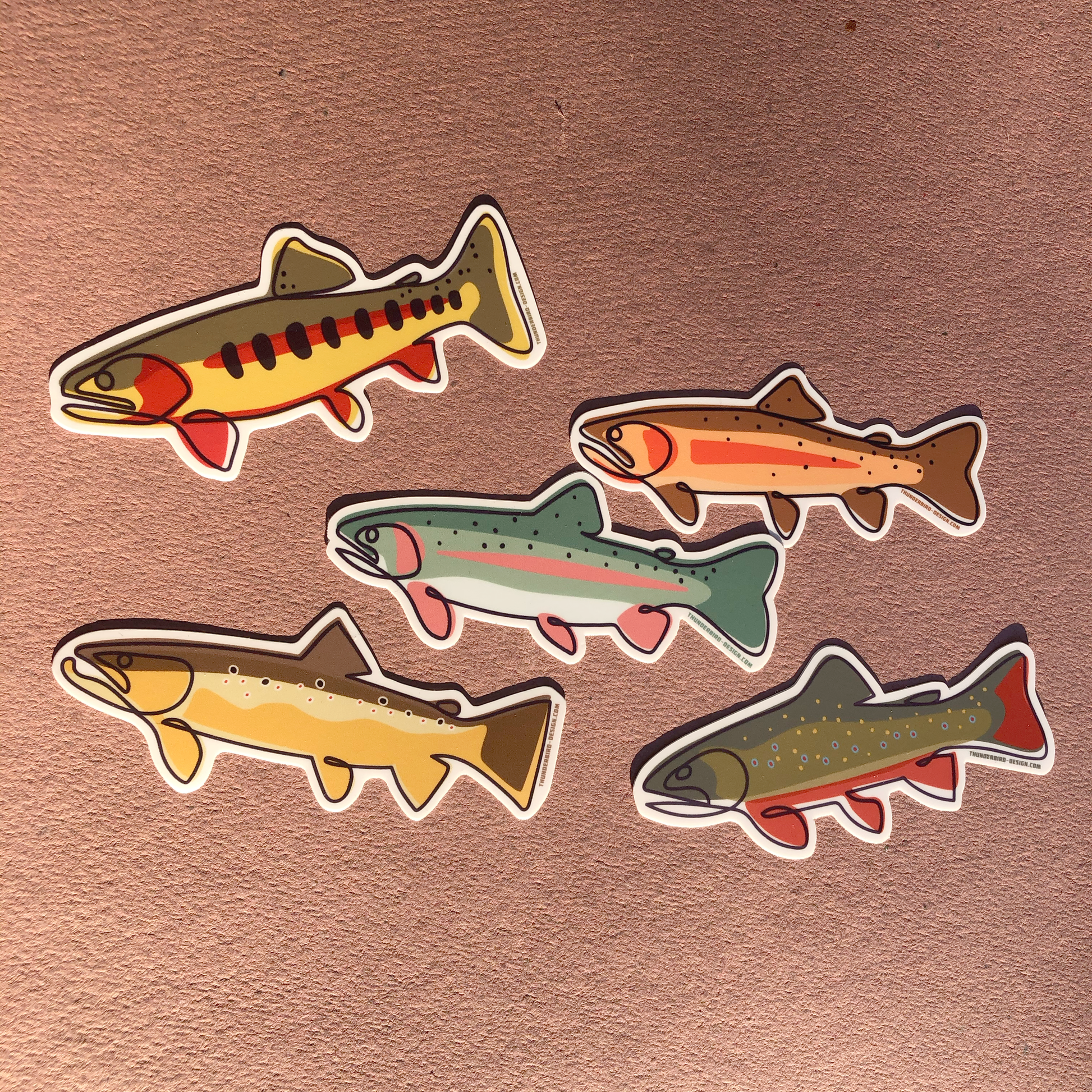 Thunderbird Outdoor SupplyTrout Grand Slam Decal Pack - Matte 4" DecalsTrout Grand Slam Decal Pack - Matte 4" Decals
Drawn, Single Line Contour Illustration of a Golden, Cutthroat, Rainbow, Brown and Brook Trout.These weatherproof Matte decals are perfect for your Rod tube, water 