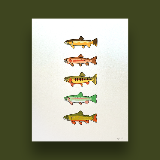 Thunderbird Design StudioSingle Line - Trout Slam Art Print.Single Line - Trout Slam Art Printart print
Single Line - Rainbow Trout Art Print. High quality art prints. Unique artwork for the angler. All prints are signed. 
Size: 11"x14"Stock: High Quality 135lb. Acid 