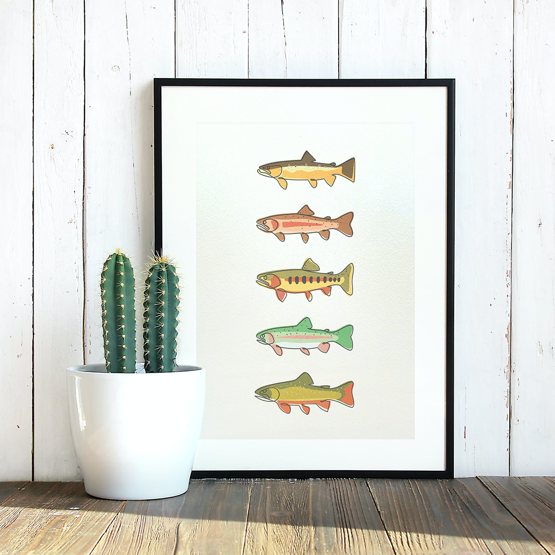 Thunderbird Design StudioSingle Line - Trout Slam Art Print.Single Line - Trout Slam Art Printart print
Single Line - Rainbow Trout Art Print. High quality art prints. Unique artwork for the angler. All prints are signed. 
Size: 11"x14"Stock: High Quality 135lb. Acid 